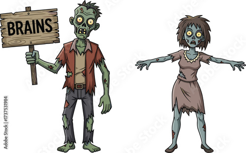 Cartoon zombies illustration, scary undead characters, male and female zombie design, horror artwork, Halloween concept, spooky monster drawing, brains sign