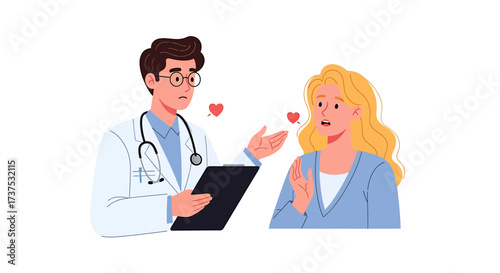 A concerned doctor explains something to a patient, with floating hearts symbolizing the topic.
