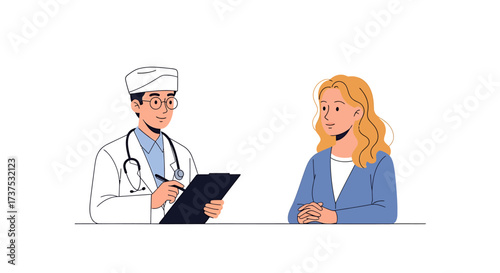 A doctor in a white coat and hat consults with a female patient, taking notes on a clipboard.