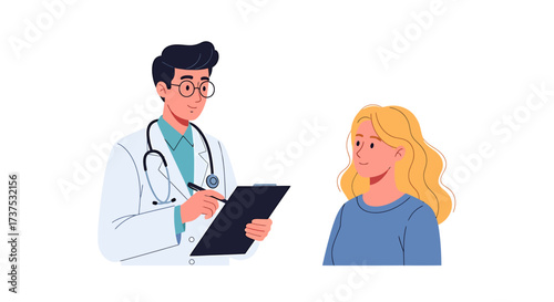 A doctor in a white coat taking notes while consulting with a female patient.