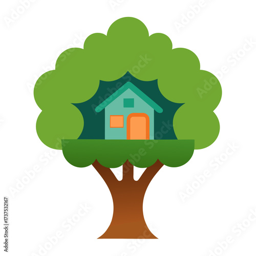 Charming teal treehouse with orange door and window on a sunny day
