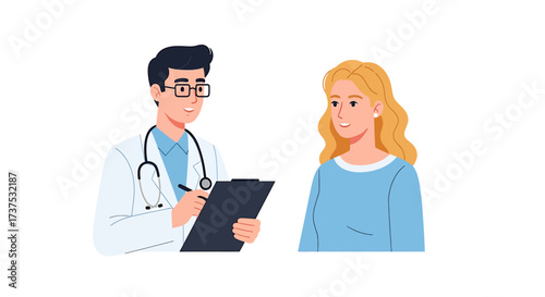 Doctor taking notes while consulting with a female patient.