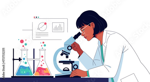 Scientist in lab coat examining a sample under a microscope, with beakers and data visualizations in the background.