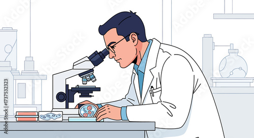 A scientist in a lab coat examines a sample under a microscope, with test tubes and lab equipment visible in the background.