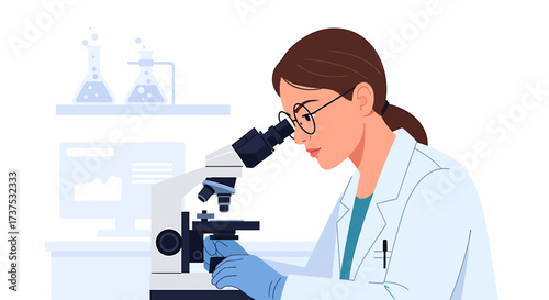 A female scientist in a lab coat and gloves is looking through a microscope, performing scientific research with lab equipment in the background.