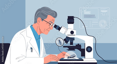 Scientist in lab coat examines a sample under a microscope, with a magnified view of a mosquito.
