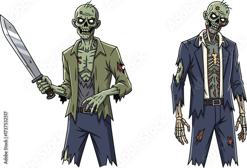 Cartoon zombie character holding machete weapon with exposed skeleton ribs, creepy undead monster in torn clothes, horror apocalypse scary Halloween illustration