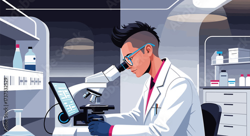 A scientist wearing a lab coat examines a sample through a microscope, working in a modern laboratory.