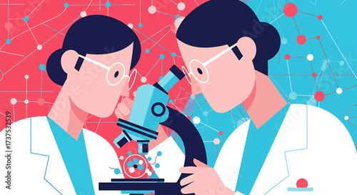 Two scientists in lab coats examine a sample under a microscope, with a network of red and blue lines in the background.
