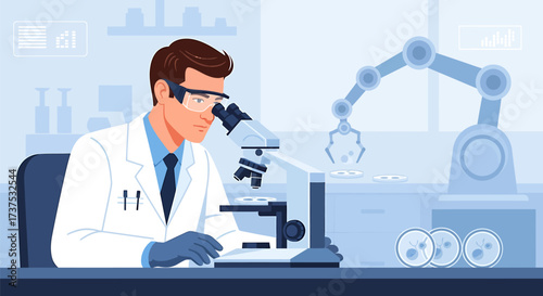 Scientist in lab coat examines sample under microscope, with robotic arm assisting in a modern laboratory setting.