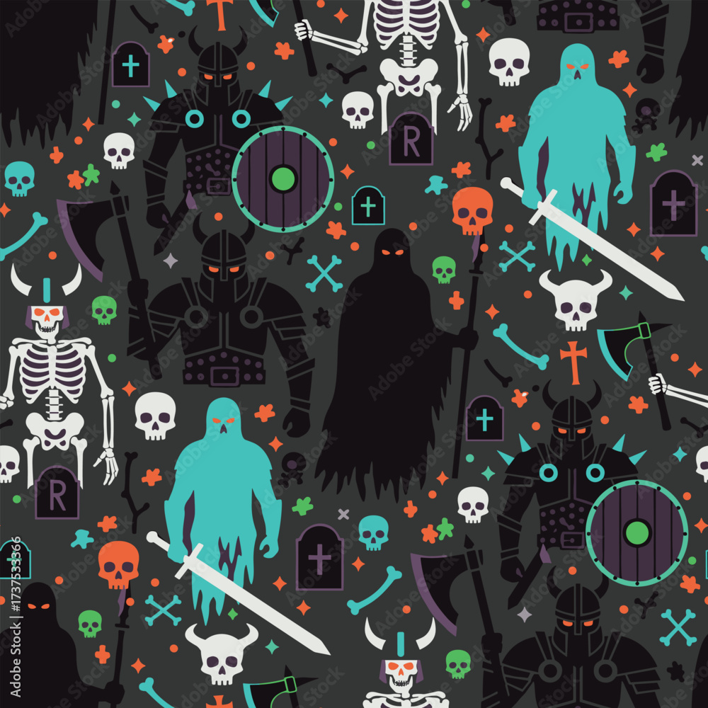 Seamless Halloween viking pattern spooky gothic vector