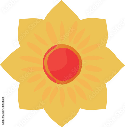 Abstract golden eight petal flower with red center simple geometric design element royalty free graphic symbol icon badge emblem
