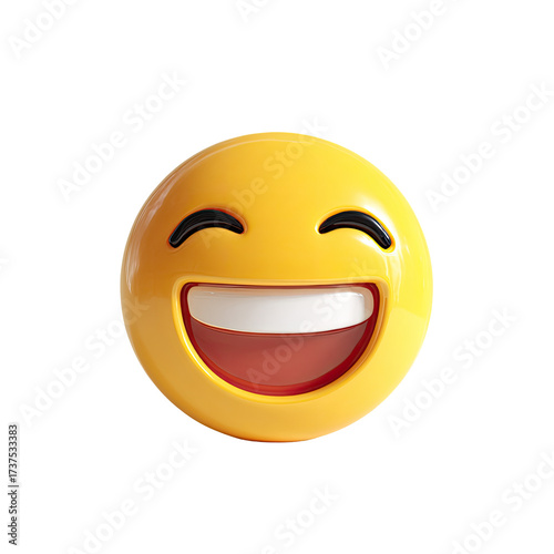 A 3D-rendered, bright yellow emoticon with a wide, joyful grin, exhibiting closed eyes and a prominent, open mouth