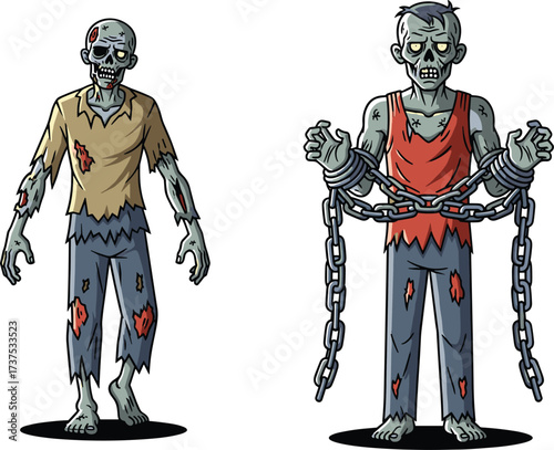Creepy cartoon zombie character, scary undead monster illustration, chained horror creature drawing, spooky Halloween artwork, walking dead apocalypse design, haunted evil skeleton