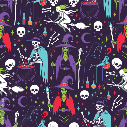 Spooky Halloween Seamless Pattern with Neon Gothic Witch Grannies - Horror Vector Background