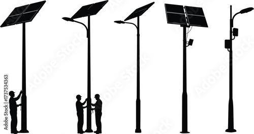 Solar powered street lamp post vector silhouettes with workers installing and maintaining sustainable urban lighting for renewable energy and eco-friendly design.