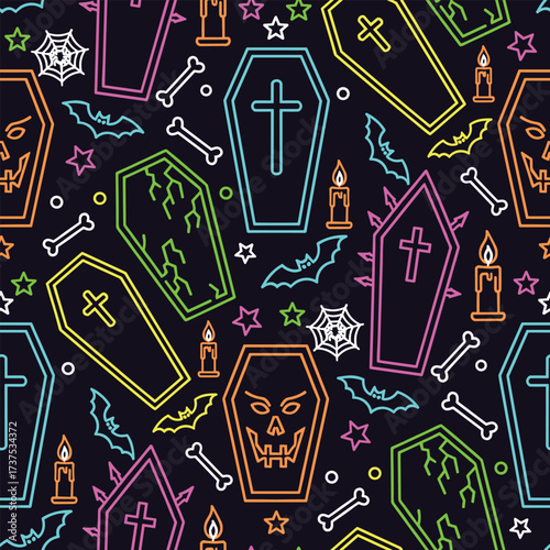 Seamless Halloween coffin pattern spooky sketch line art vector