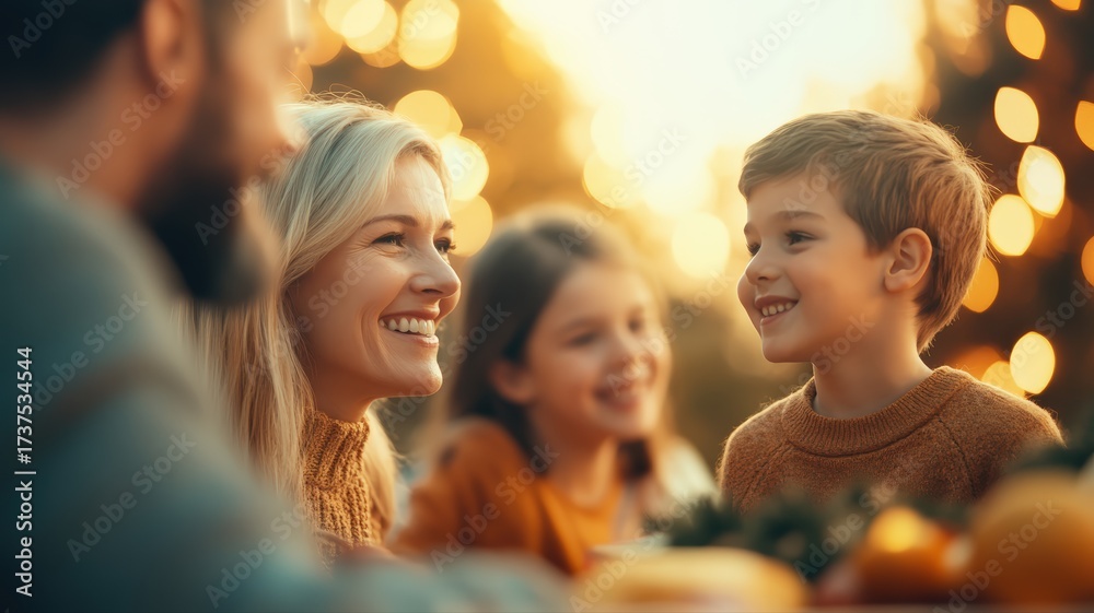 Fototapeta premium Happy family sharing joyful moments outdoors at golden hour with warm backlighting. Mother and son share loving smile, reflecting authentic connection and togetherness.