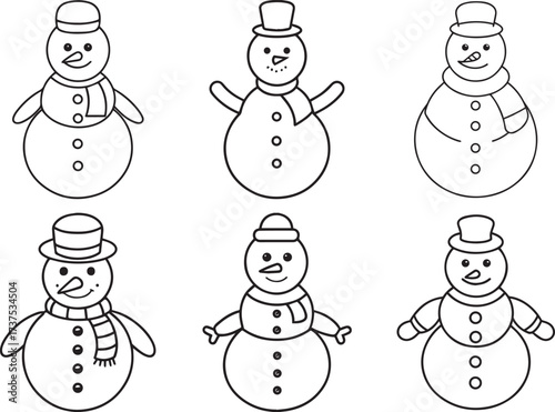 set of snowman outline vector illustration line art