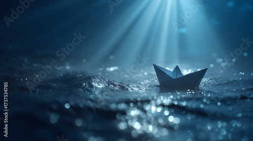 Serene paper boat gently floating on the water surface, illuminated by soft, atmospheric light rays piercing through the atmospheric elements, conveying a sense of tranquility and peacefulness with...