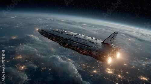 Wallpaper Mural A futuristic spaceship glides above Earth, surrounded by clouds and city lights. The scene captures the essence of space exploration and advanced technology. Torontodigital.ca