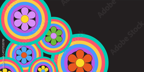 Collection of 70s poster, banner, cover, card. background . Set of retro wall decoration, groovy, trippy, colorful line. Vintage hippie wall art for interior, decorative, dots flayer simple and trendy