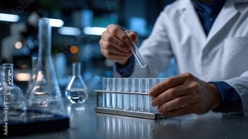 Scientist in Lab Coat Holding Pipe in Laboratory Environment Conducting Research with Precision and Focus on Scientific Innovation and Discovery