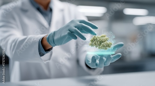 Dedicated Scientist in Laboratory Examining Healthy Green Plant with Focused Expression Symbolizing Research Innovation and Environmental Sustainability Goals