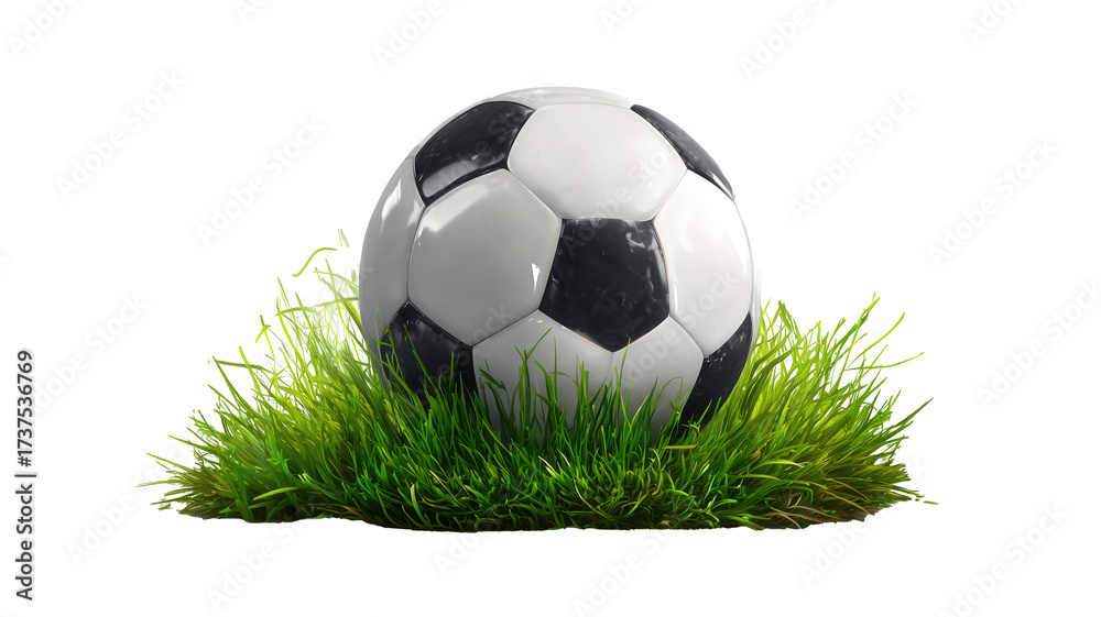 Obraz premium White and black soccer ball is on a green field isolated on transparent background