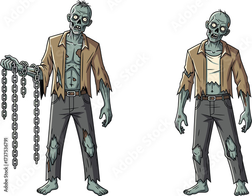 Cartoon zombie characters illustration, creepy undead monsters with chains, horror Halloween artwork, scary walking dead figures, spooky graveyard creatures, undead apocalypse design