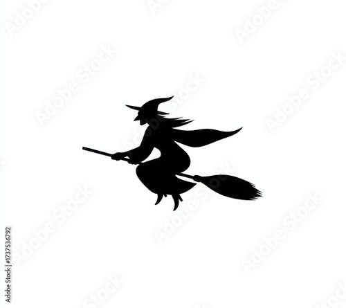 Eerie Black and White Silhouette of a Witch in Flight Against a Moonlit Sky Evoking Mystery and Magic Perfect for Halloween or Fantasy Themes