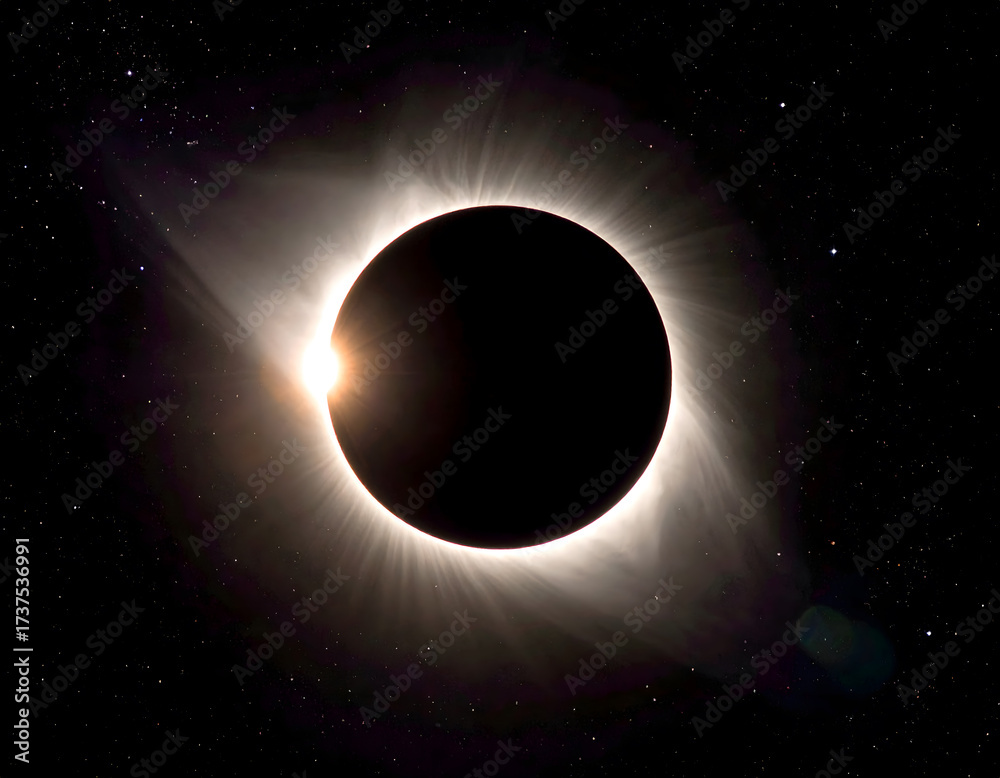 Fototapeta premium Dramatic Solar Eclipse With Bright Corona And Starry Sky For Cosmic Event Or Astronomy Stock Photo