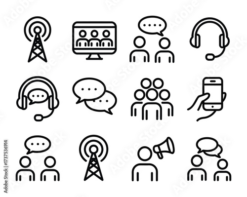 Communication and broadcasting line icons for chat support and media network concept