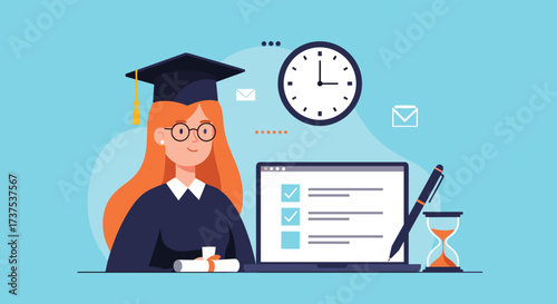 A student in a graduation gown and cap is taking an online exam on a laptop with a clock and hourglass in the background.