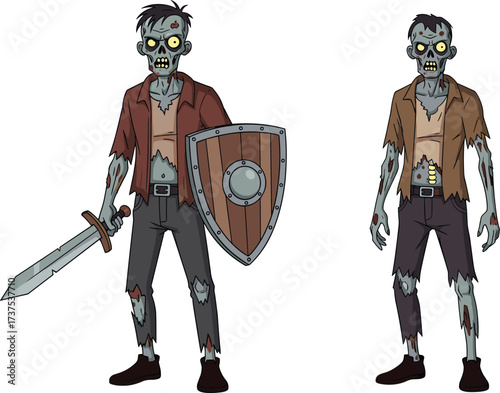 Creepy cartoon zombie warrior with sword and shield, scary undead monster illustration, horror fantasy Halloween character design in comic style