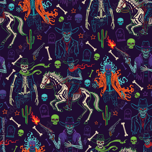 Spooky Halloween Seamless Pattern with Neon Gothic Zombie Cowboys - Horror Vector Background