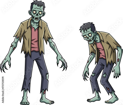 Creepy cartoon zombies illustration, scary undead characters, spooky horror artwork, Halloween monster design, evil creatures in tattered clothes, isolated vector drawing