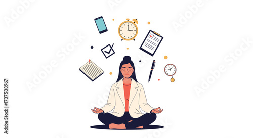 Woman meditating in lotus pose surrounded by floating objects representing work and time management concepts.