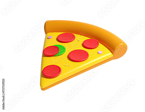 A 3D-rendered pizza slice with pepperoni and other toppings, yellow cheese