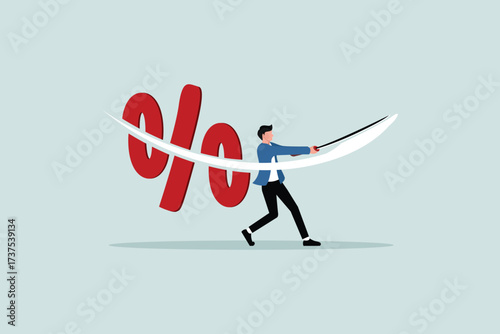 Cutting or reducing inflation through monetary policy, the FED, the Federal Reserve. Businessmen cut interest rate percentage signs with swords.