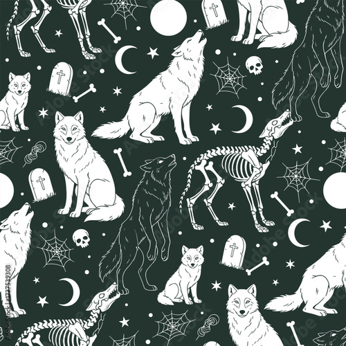 Seamless Halloween wolf pattern spooky black white sketch vector