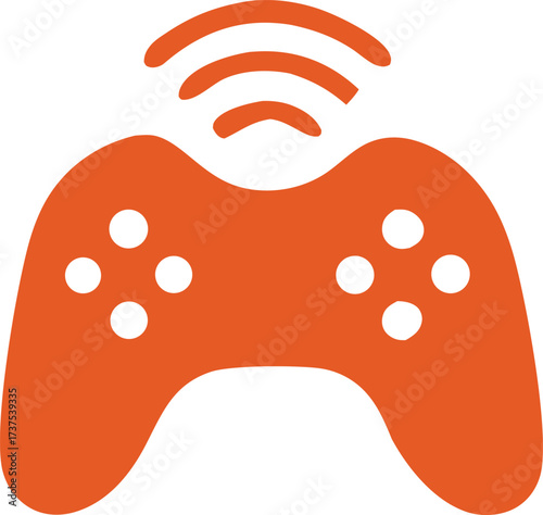Orange gaming controller icon with wireless signal waves captures the excitement of digital entertainment and online play