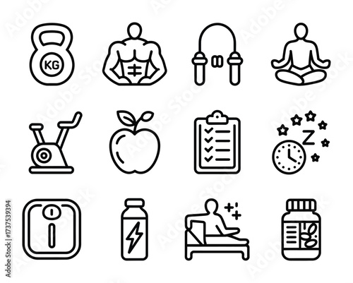 Healthy living wellness nutrition fitness gym health icon set