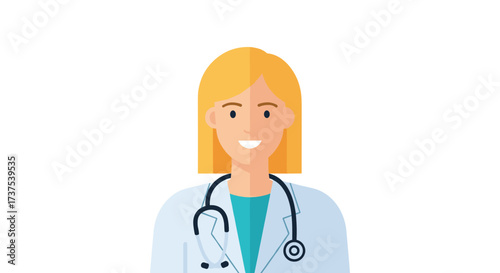 A friendly female doctor wearing a white coat and a stethoscope is smiling confidently.