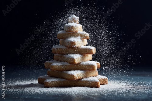 Christmas cookies stacked in the shape of a Christmas tree with powdered sugar dusting, set against a dark background in a minimalist and symbolic holiday composition