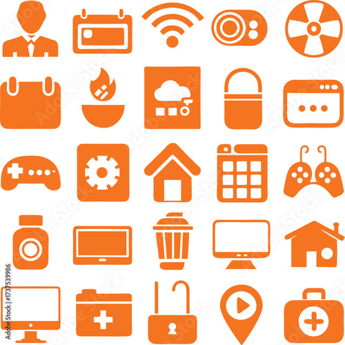 Vibrant orange collection of digital icons representing technology and daily life a versatile set for web and app design