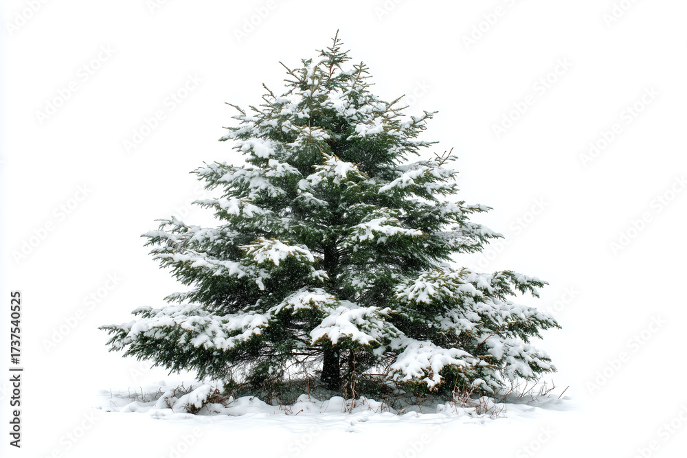Fototapeta premium Snow-covered Christmas tree stands tall in a winter wonderland on a chilly holiday season morning near a quiet forest
