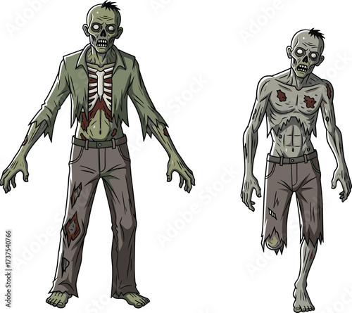 Cartoon zombie characters, scary undead walking dead, creepy horror monsters, spooky skeleton design, Halloween illustration, evil creatures, bloody scary apocalypse artwork