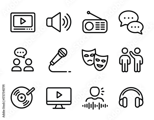 Media and entertainment icon pack with video, music, and communication symbols