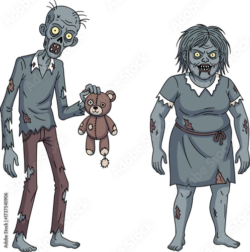 Cartoon zombie couple illustration with creepy scary faces, tattered clothes, holding teddy bear, horror undead characters for Halloween vector design